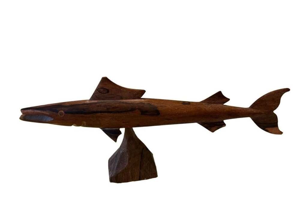 EUC Hand Carved Wooden Fish Sculpture Figurine On Stand